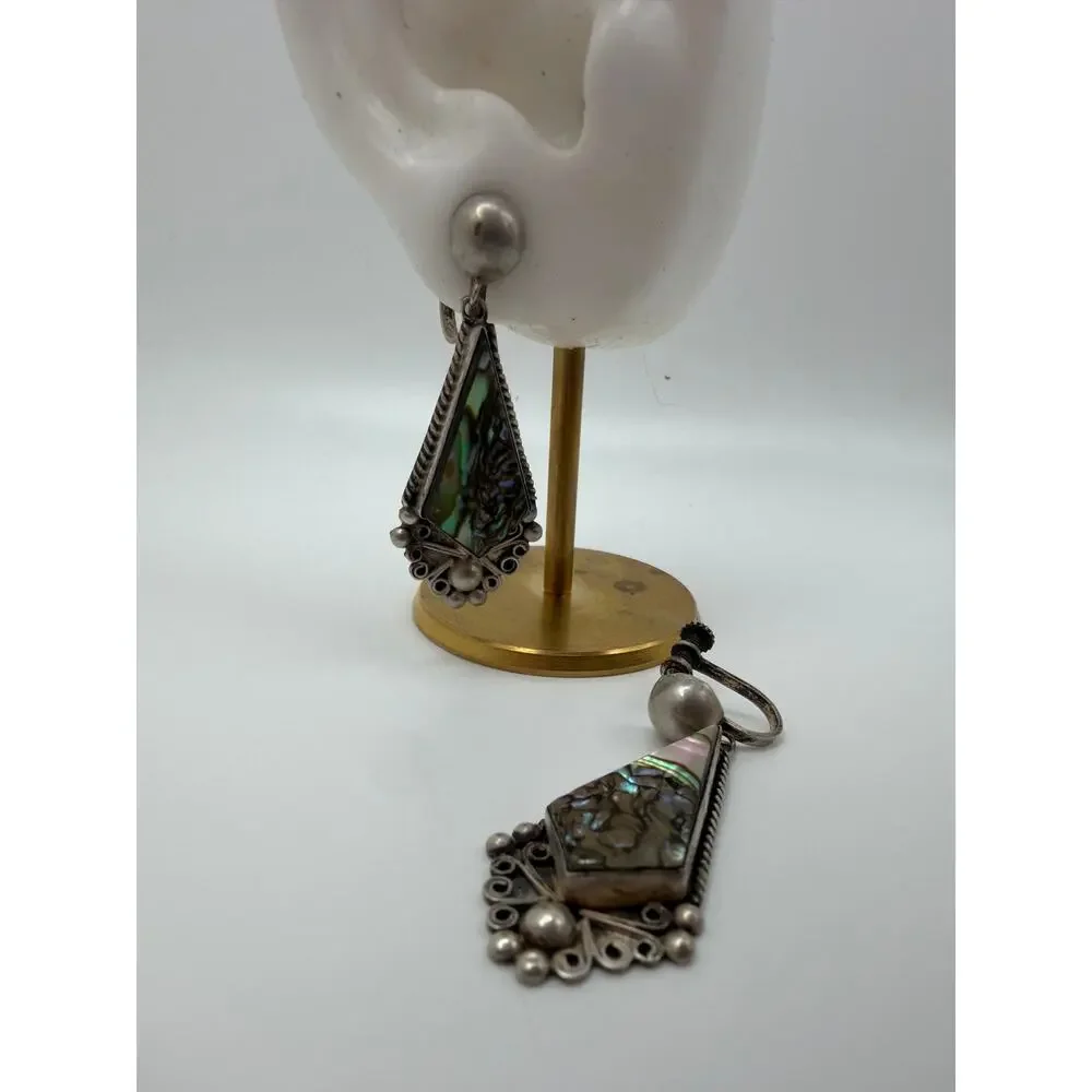 1940s Old Mexico Sterling & Abalone Drop Screw Back Earrings